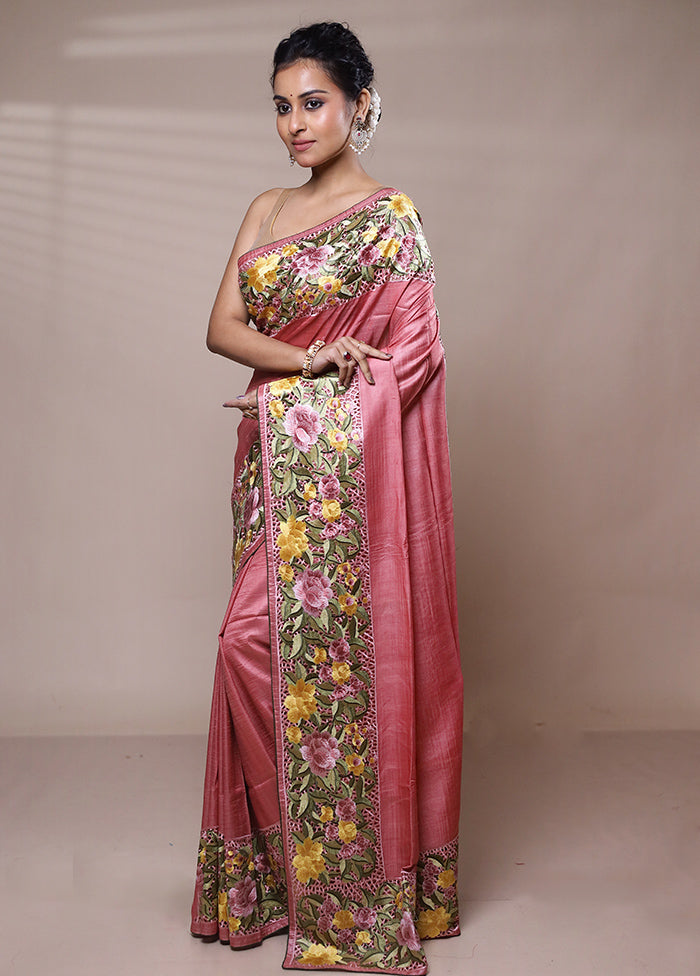 Pink Tussar Silk Saree With Blouse Piece