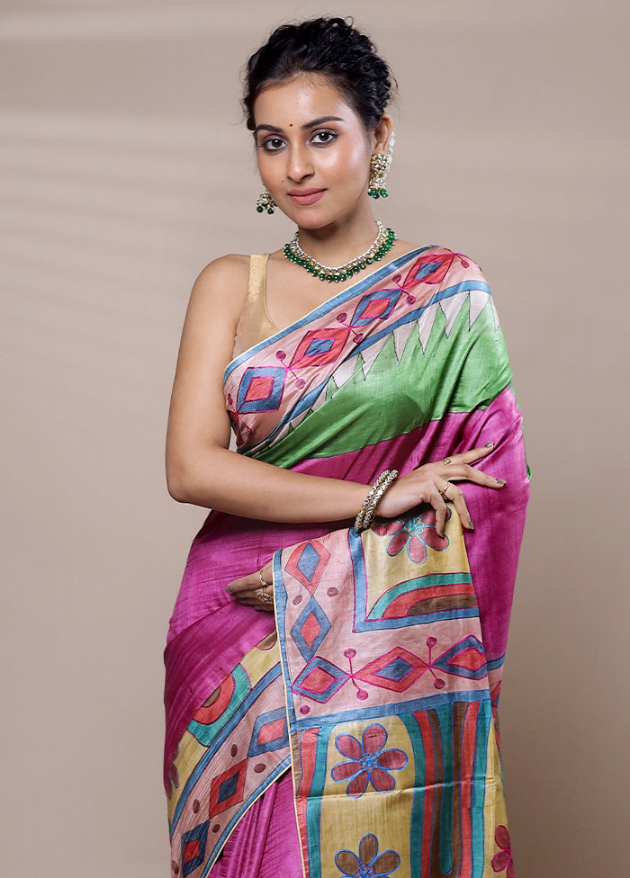 Pink Tussar Silk Saree With Blouse Piece