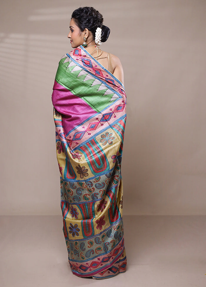 Pink Tussar Silk Saree With Blouse Piece