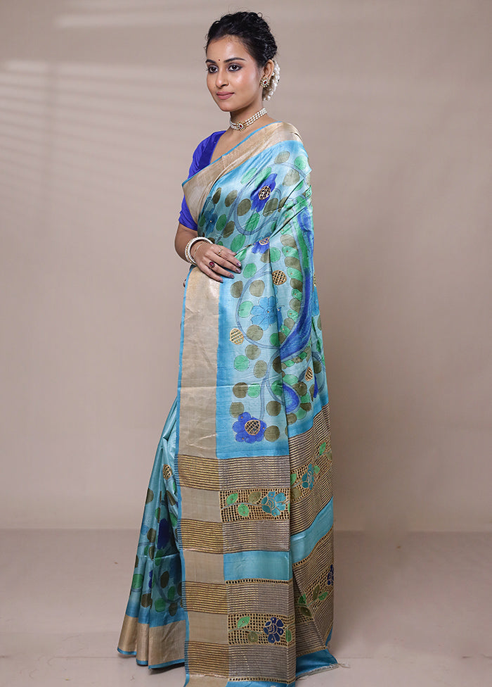 Blue Tussar Silk Saree With Blouse Piece