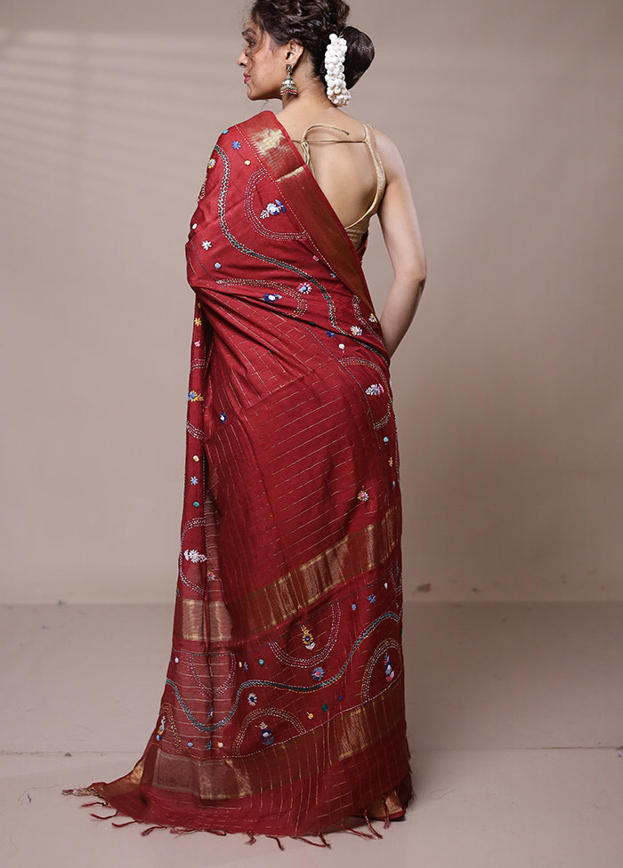 Red Tussar Silk Saree With Blouse Piece