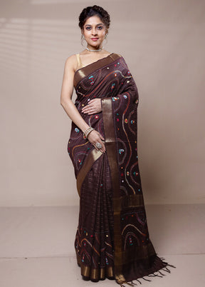 Maroon Tussar Silk Saree With Blouse Piece