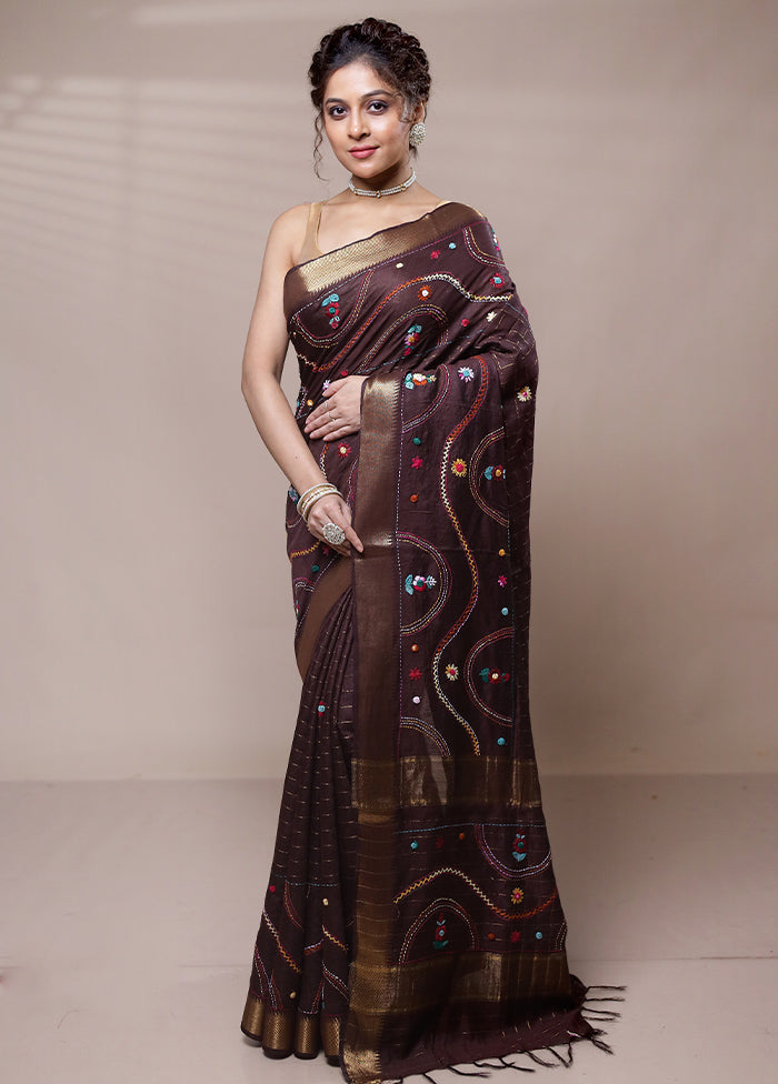 Maroon Tussar Silk Saree With Blouse Piece