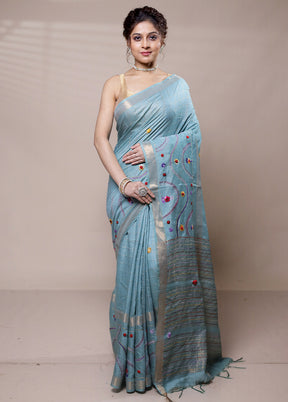 Blue Tussar Silk Saree With Blouse Piece