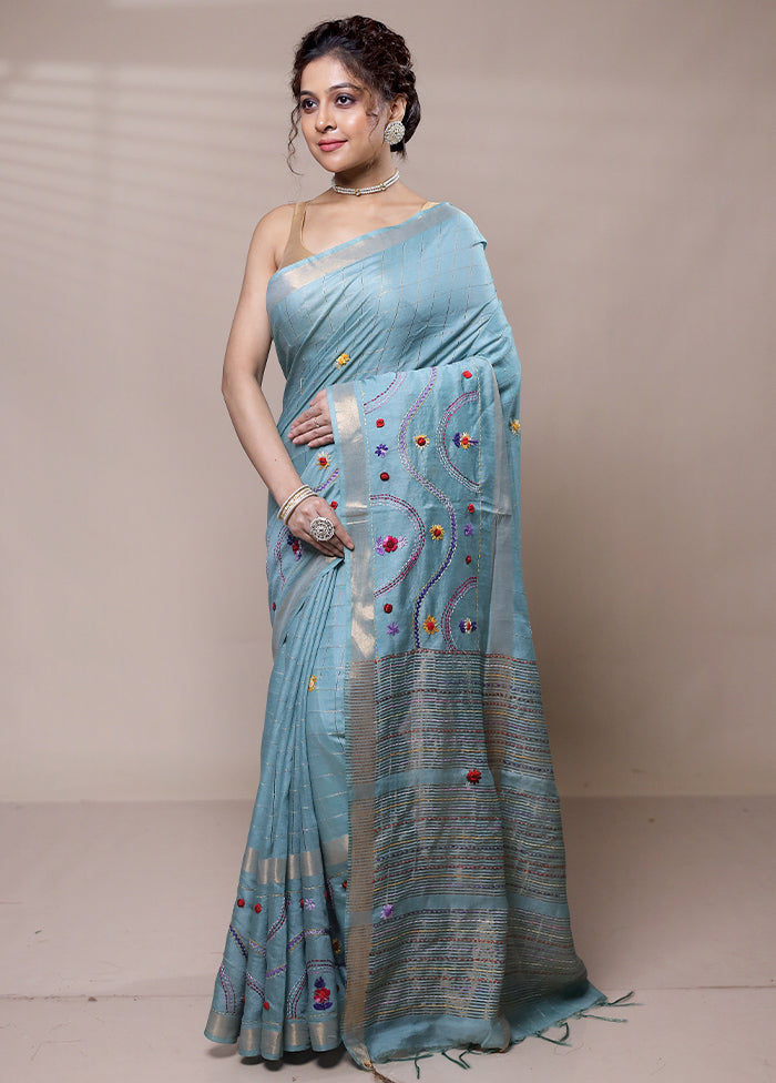 Blue Tussar Silk Saree With Blouse Piece