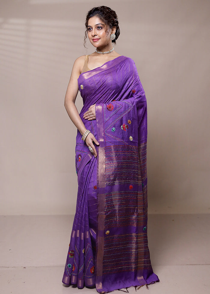 Purple Tussar Silk Saree With Blouse Piece