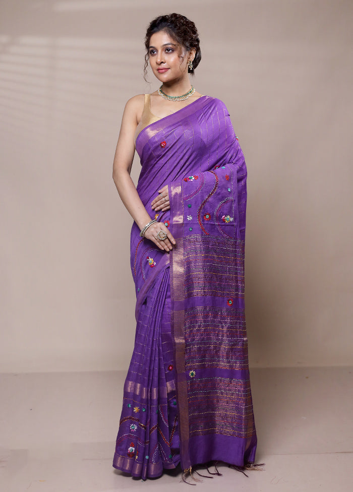 Purple Tussar Silk Saree With Blouse Piece