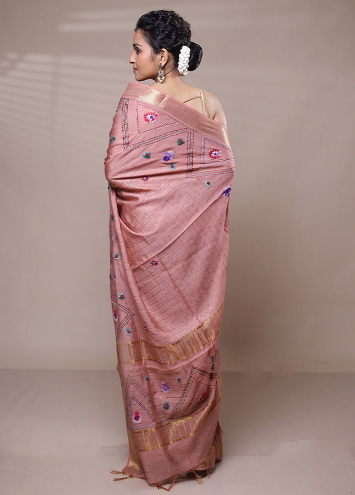 Pink Tussar Silk Saree With Blouse Piece