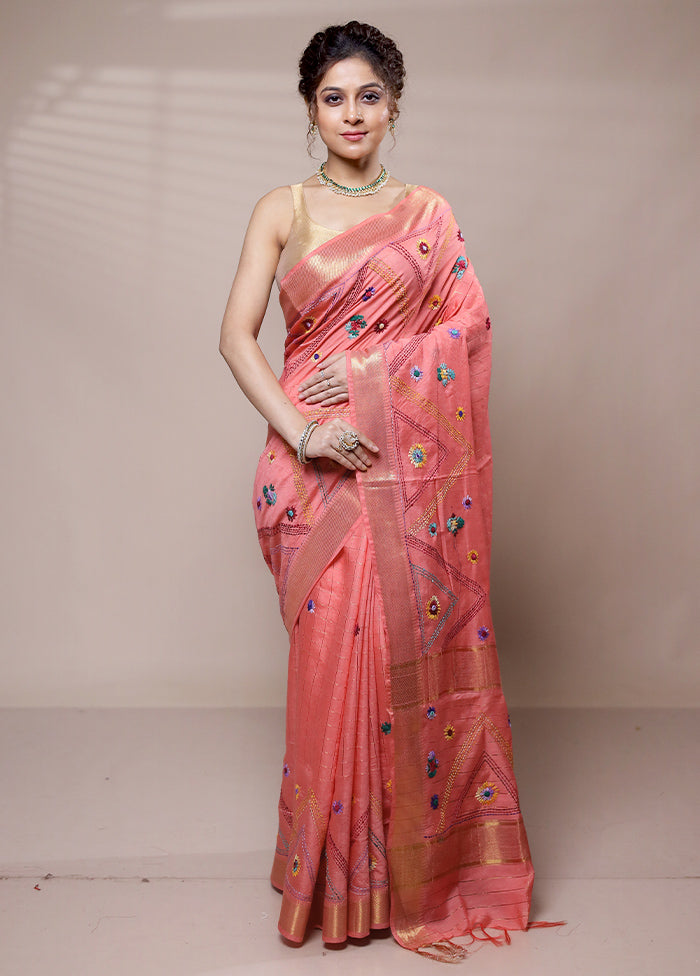 Pink Tussar Silk Saree With Blouse Piece