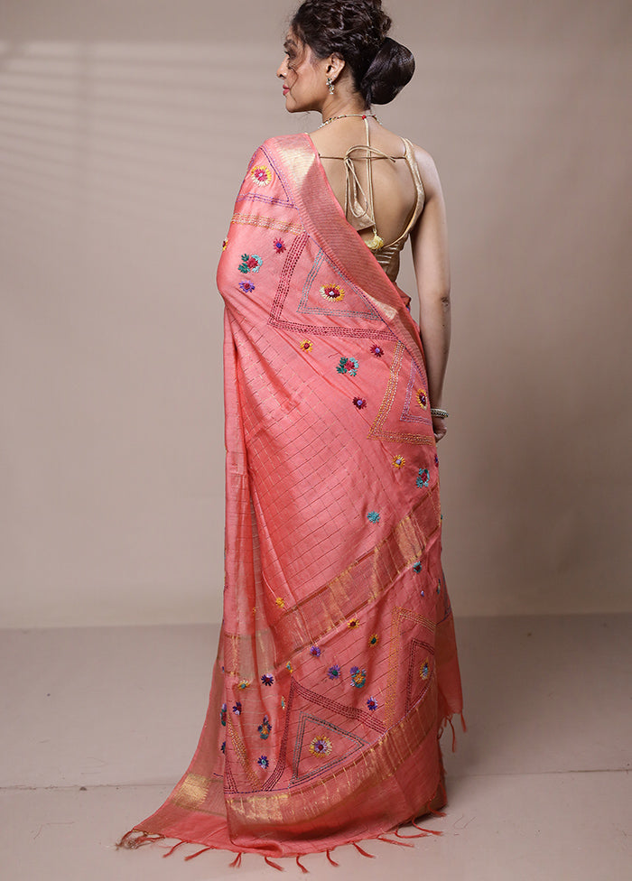 Pink Tussar Silk Saree With Blouse Piece