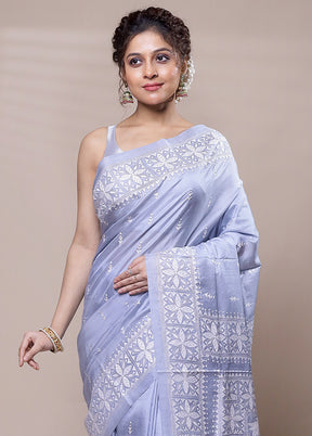 Grey Handloom Kantha Stitch Pure Silk Saree With Blouse Piece