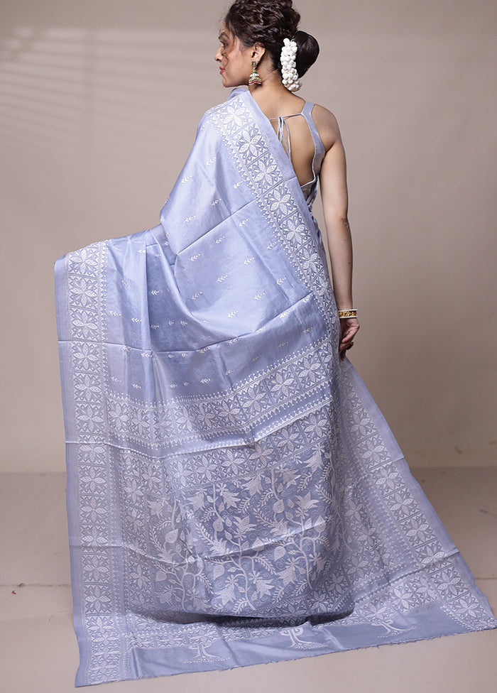 Grey Handloom Kantha Stitch Pure Silk Saree With Blouse Piece