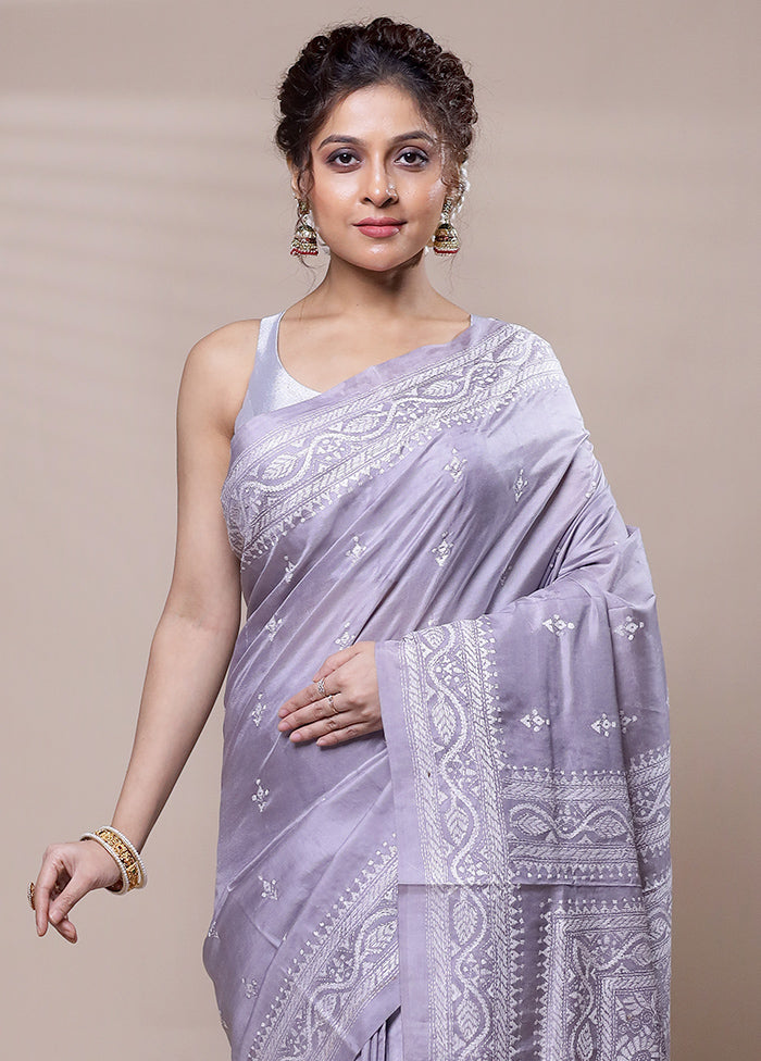 Grey Handloom Kantha Stitch Pure Silk Saree With Blouse Piece