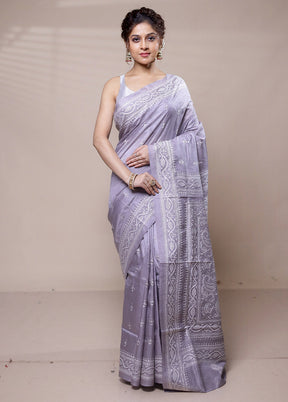 Grey Handloom Kantha Stitch Pure Silk Saree With Blouse Piece