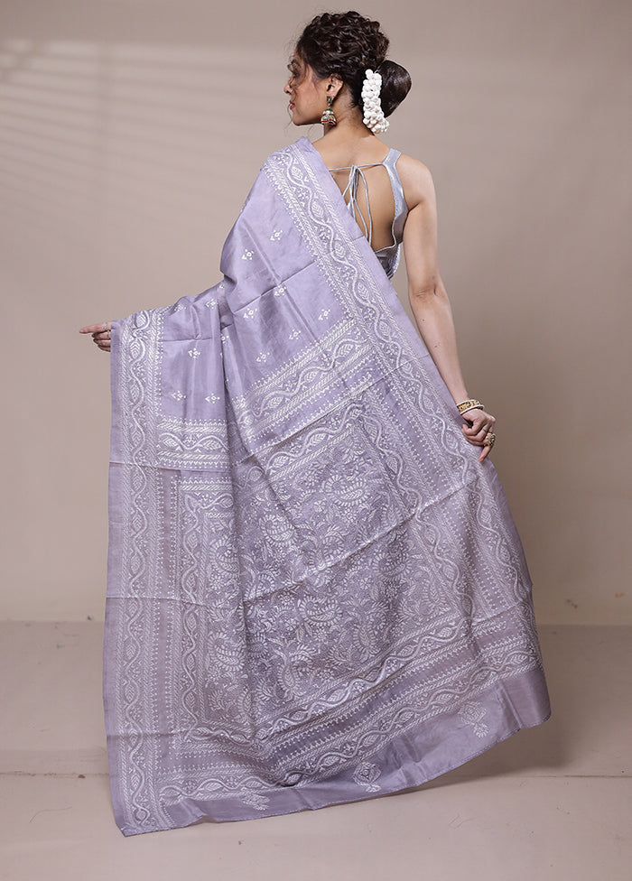 Grey Handloom Kantha Stitch Pure Silk Saree With Blouse Piece