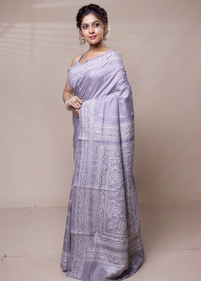 Grey Handloom Kantha Stitch Pure Silk Saree With Blouse Piece