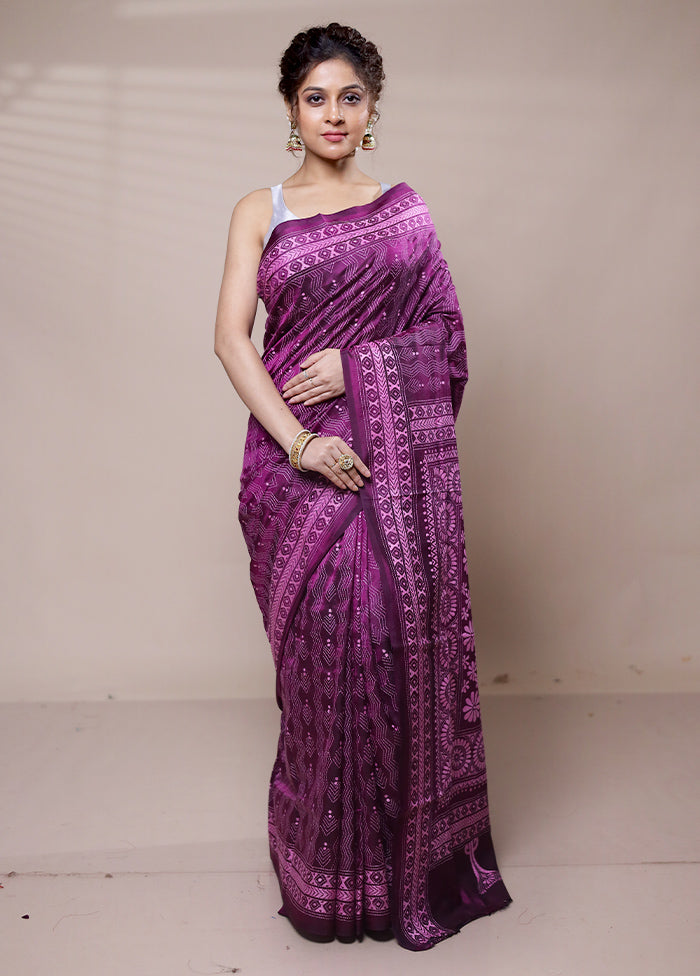 Pink Handloom Kantha Stitch Pure Silk Saree With Blouse Piece