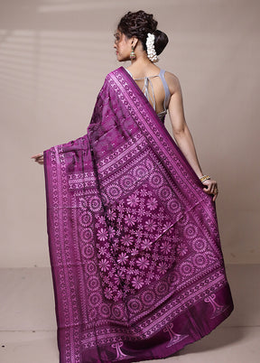 Pink Handloom Kantha Stitch Pure Silk Saree With Blouse Piece