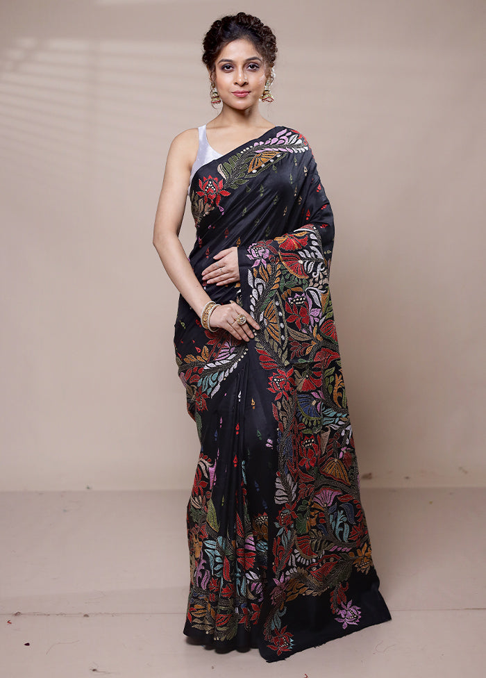 Black Handloom Kantha Stitch Pure Silk Saree With Blouse Piece