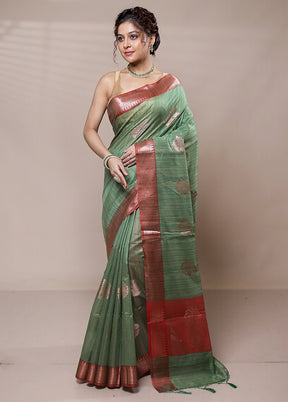 Green Dupion Silk Saree With Blouse Piece