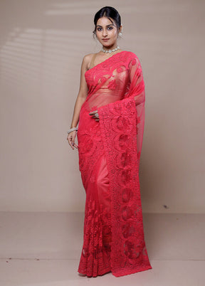 Pink Net Saree With Blouse Piece