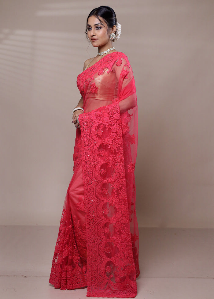 Pink Net Saree With Blouse Piece