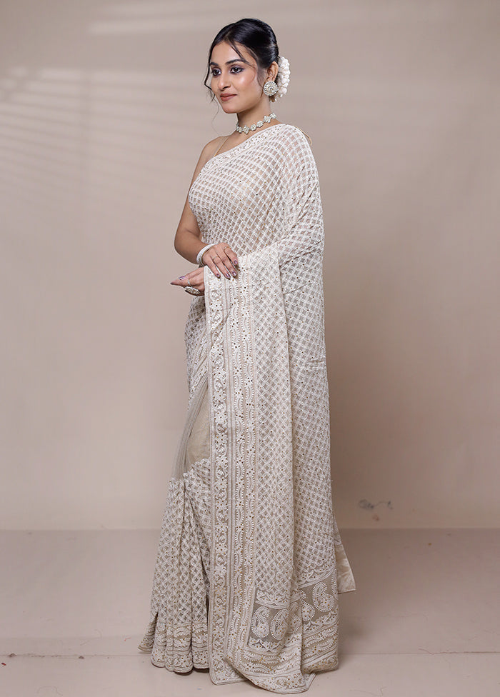 Cream Net Saree With Blouse Piece