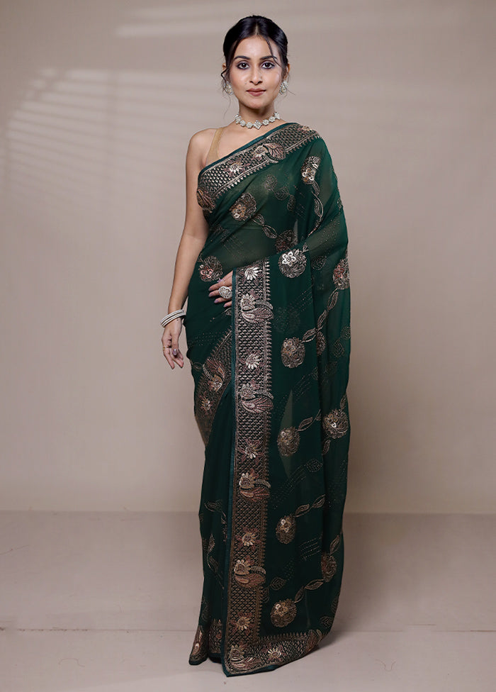 Green Net Saree With Blouse Piece