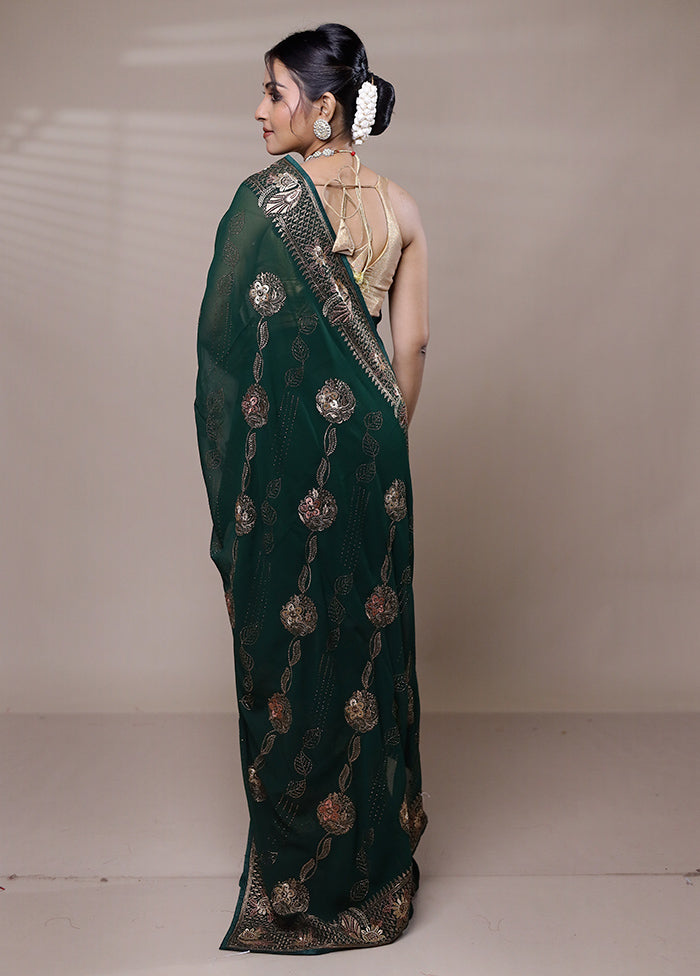 Green Net Saree With Blouse Piece