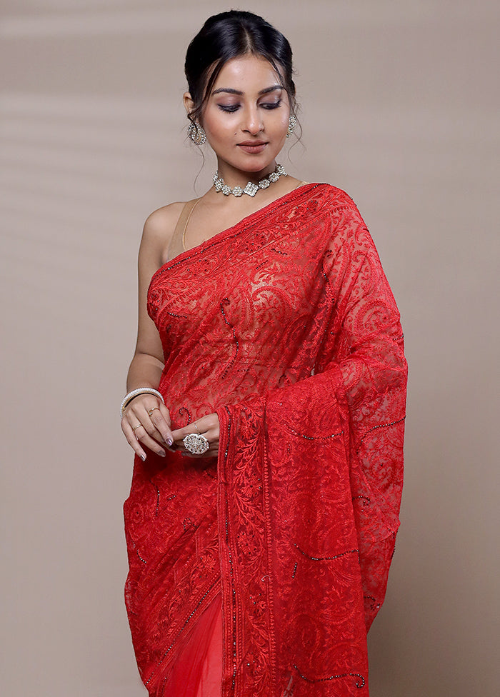 Red Net Saree With Blouse Piece