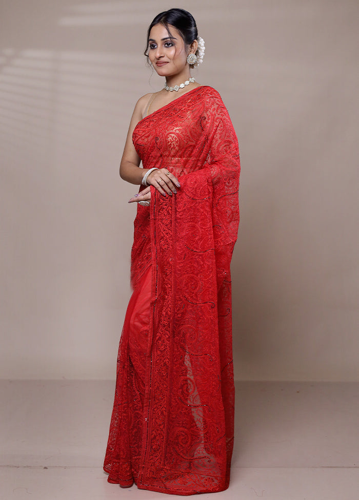 Red Net Saree With Blouse Piece