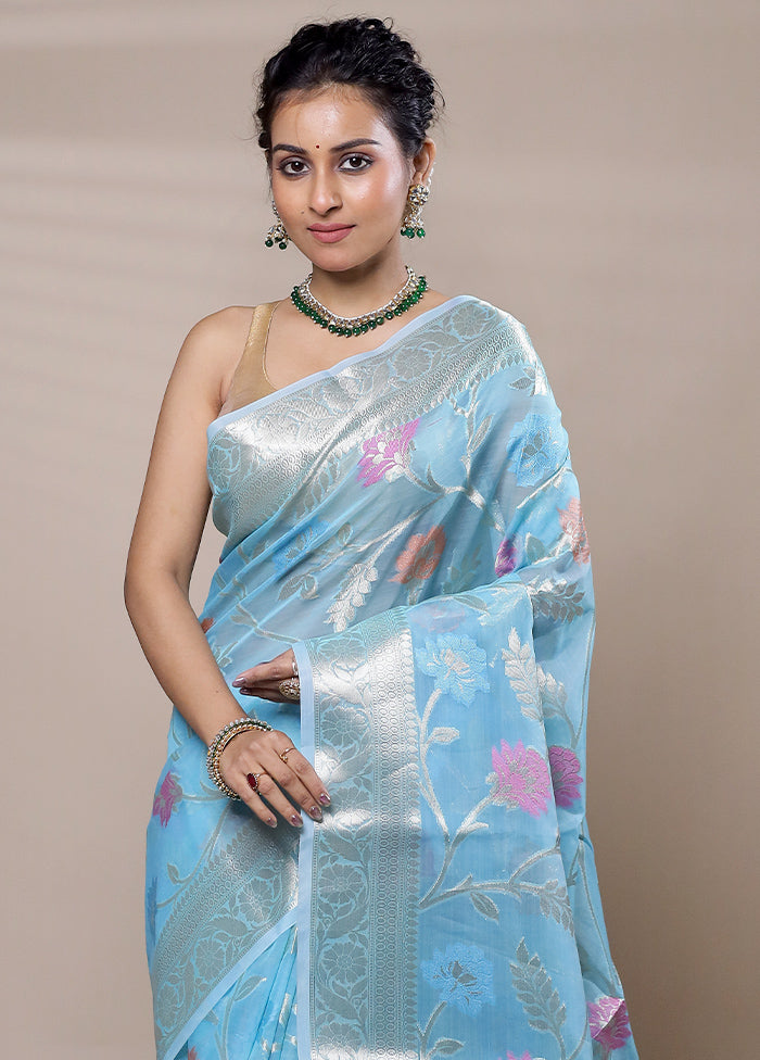 Blue Organza Saree With Blouse Piece