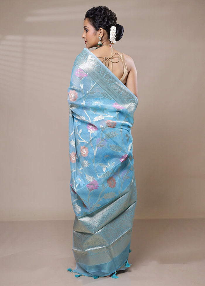 Blue Organza Saree With Blouse Piece