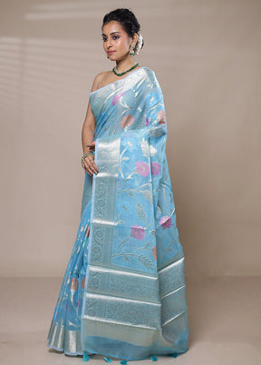 Blue Organza Saree With Blouse Piece