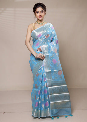 Blue Organza Saree With Blouse Piece