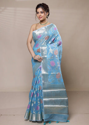 Blue Organza Saree With Blouse Piece