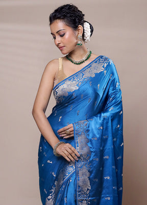 Blue Dupion Silk Saree With Blouse Piece