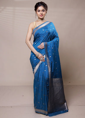 Blue Dupion Silk Saree With Blouse Piece