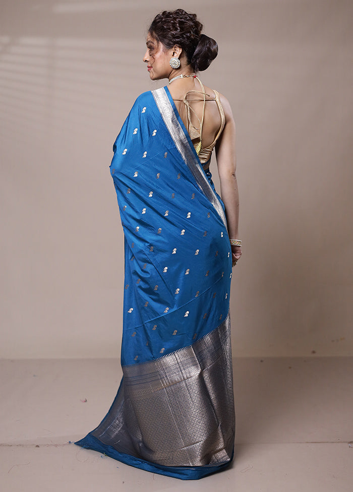 Blue Dupion Silk Saree With Blouse Piece