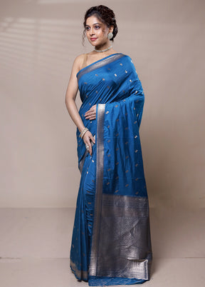 Blue Dupion Silk Saree With Blouse Piece