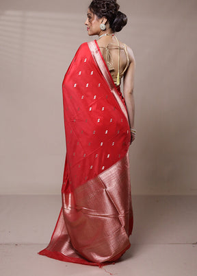 Red Dupion Silk Saree With Blouse Piece