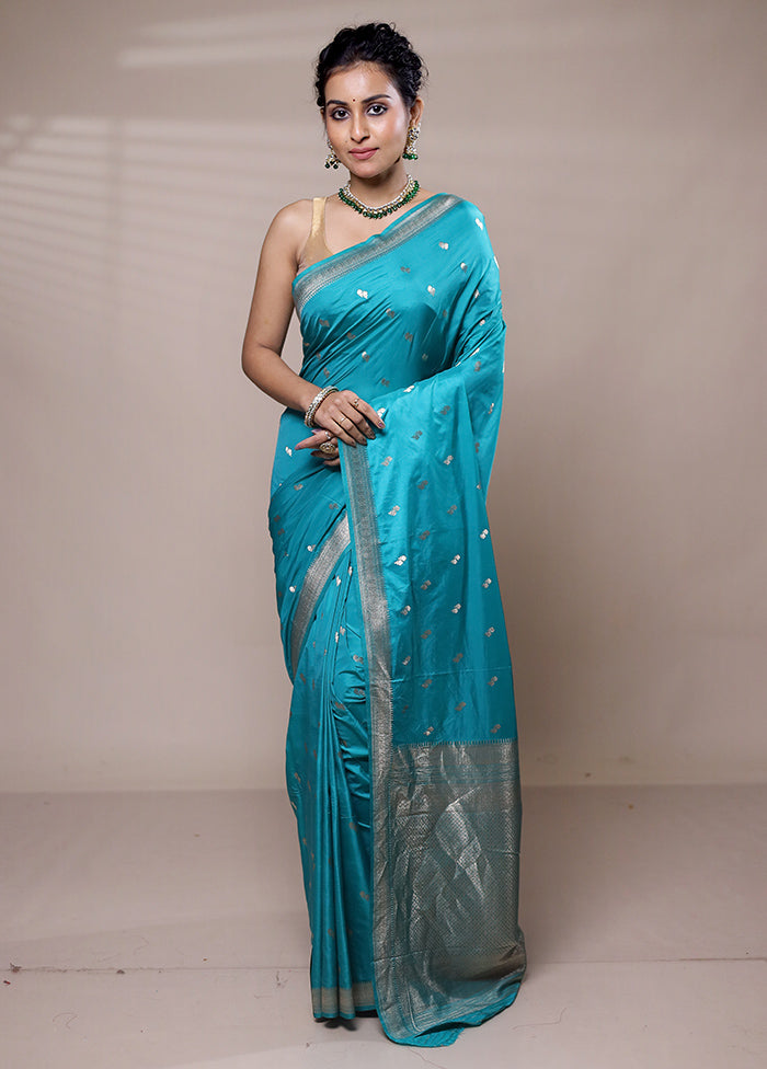 Blue Dupion Silk Saree With Blouse Piece