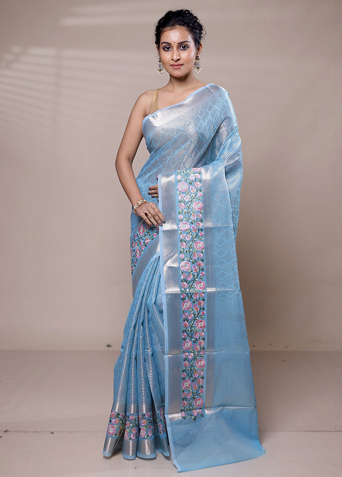 Blue Tissue Silk Saree With Blouse Piece