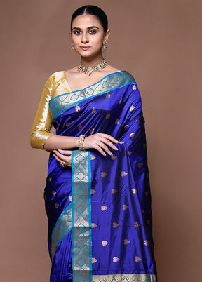 Blue Handloom Kanjivaram Pure Silk Saree With Blouse Piece