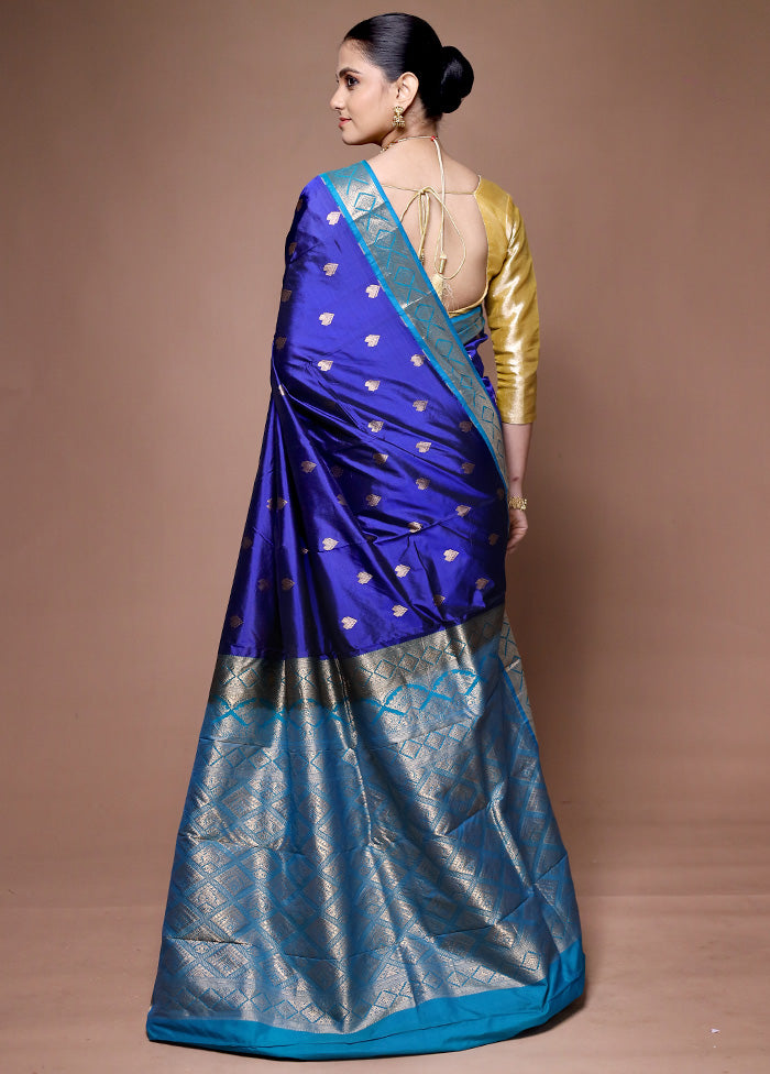 Blue Handloom Kanjivaram Pure Silk Saree With Blouse Piece