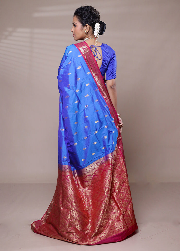 Blue Handloom Kanjivaram Pure Silk Saree With Blouse Piece