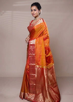 Orange Handloom Kanjivaram Pure Silk Saree With Blouse Piece