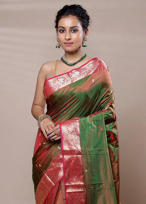 Green Handloom Kanjivaram Pure Silk Saree With Blouse Piece