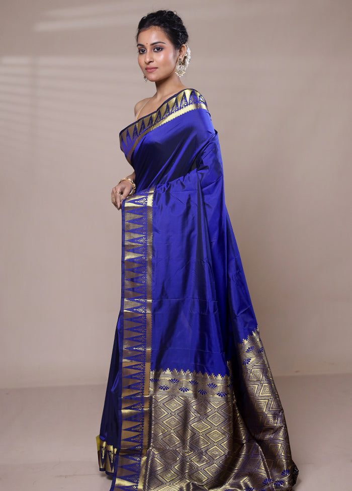 Blue Kanjivaram Silk Saree With Blouse Piece