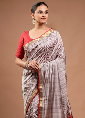 Grey Handloom Kanjivaram Pure Silk Saree With Blouse Piece